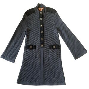Tory Burch Gray and Black Cardigan Sweater coat luxury trim waffle wool stretch